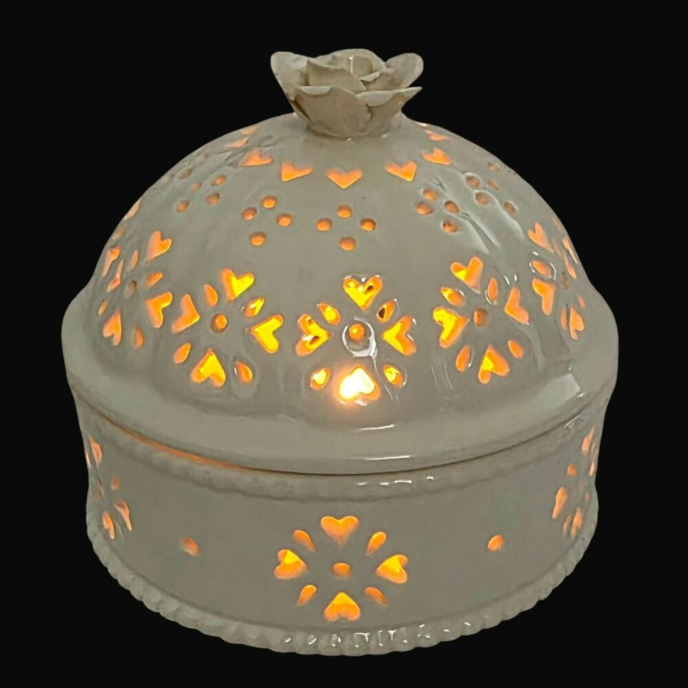 VTG Hartley Greens Potpourri Dome Dish Leeds Pottery Creamware Heart Rose Topper